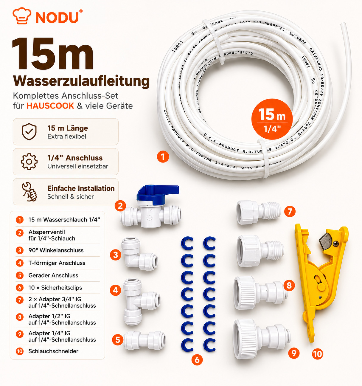 NODU 15m Schlauch-Set – Komplett-Kit für Festwasseranschluss HAUSCOOK Ramen Cooker