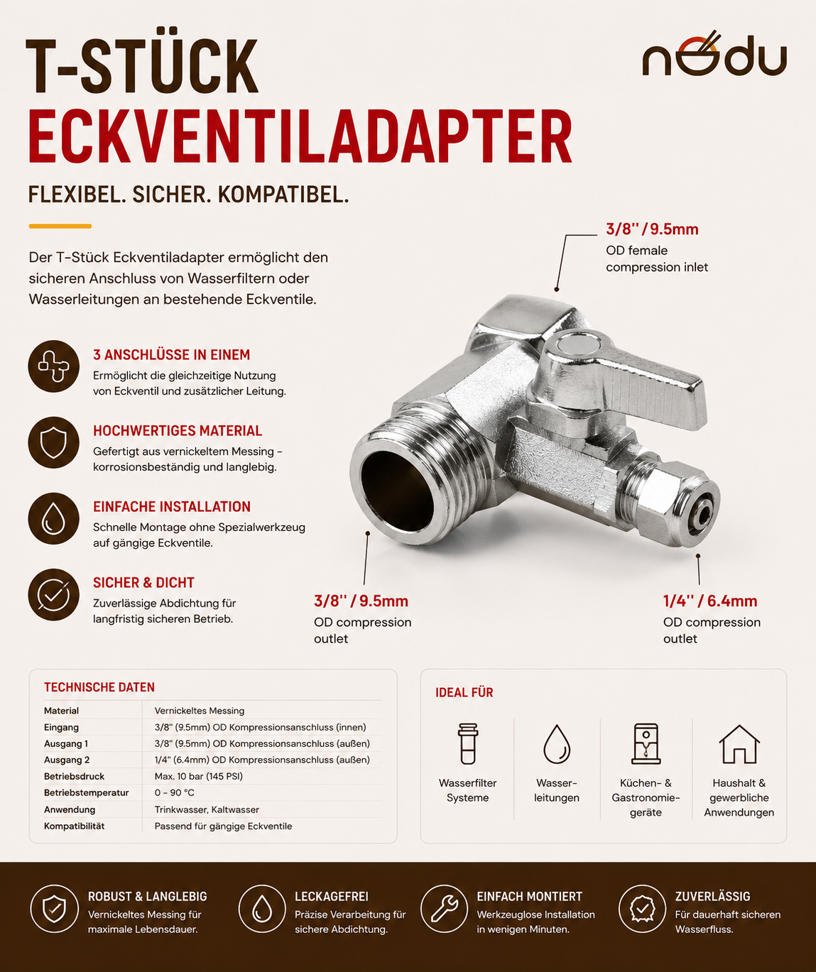 Wasseranschluss T-Stück Adapter 3/8" – 3/8" + 1/4" für HAUSCOOK Ramen Cooker